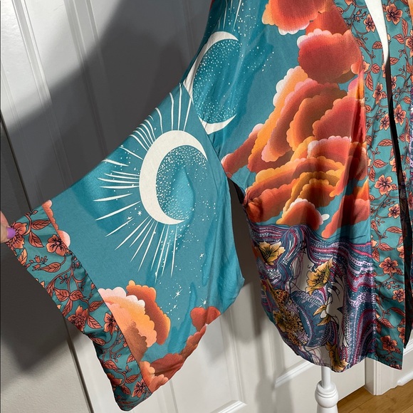 Teal Stargazer Kimono Short Robe Lightweight Cover Up Festival Beach Layer Boho - Picture 10 of 16